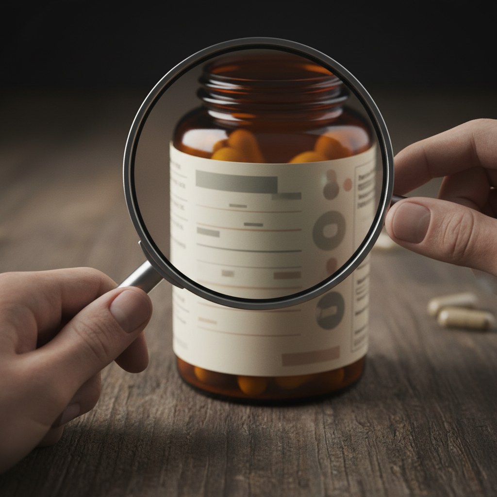 Hands inspecting a supplement label closely with a magnifying glass